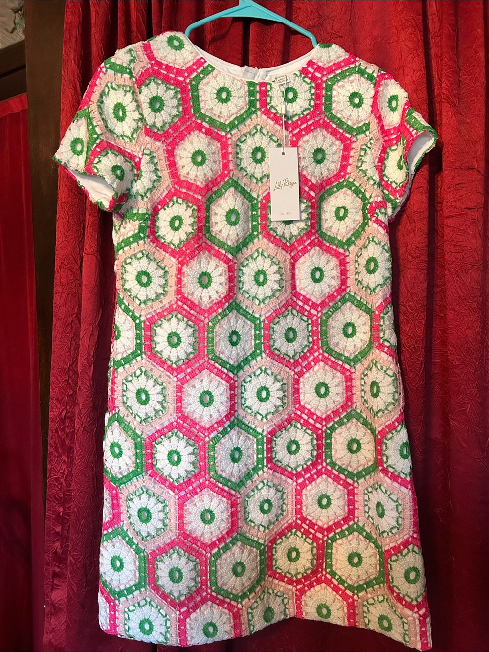 Lilly Pulitzer Pink, Green & White Crochet Hexagon Shift Dress